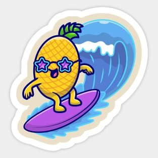 Cute Pineaple Surfing In The Sea Cartoon Sticker